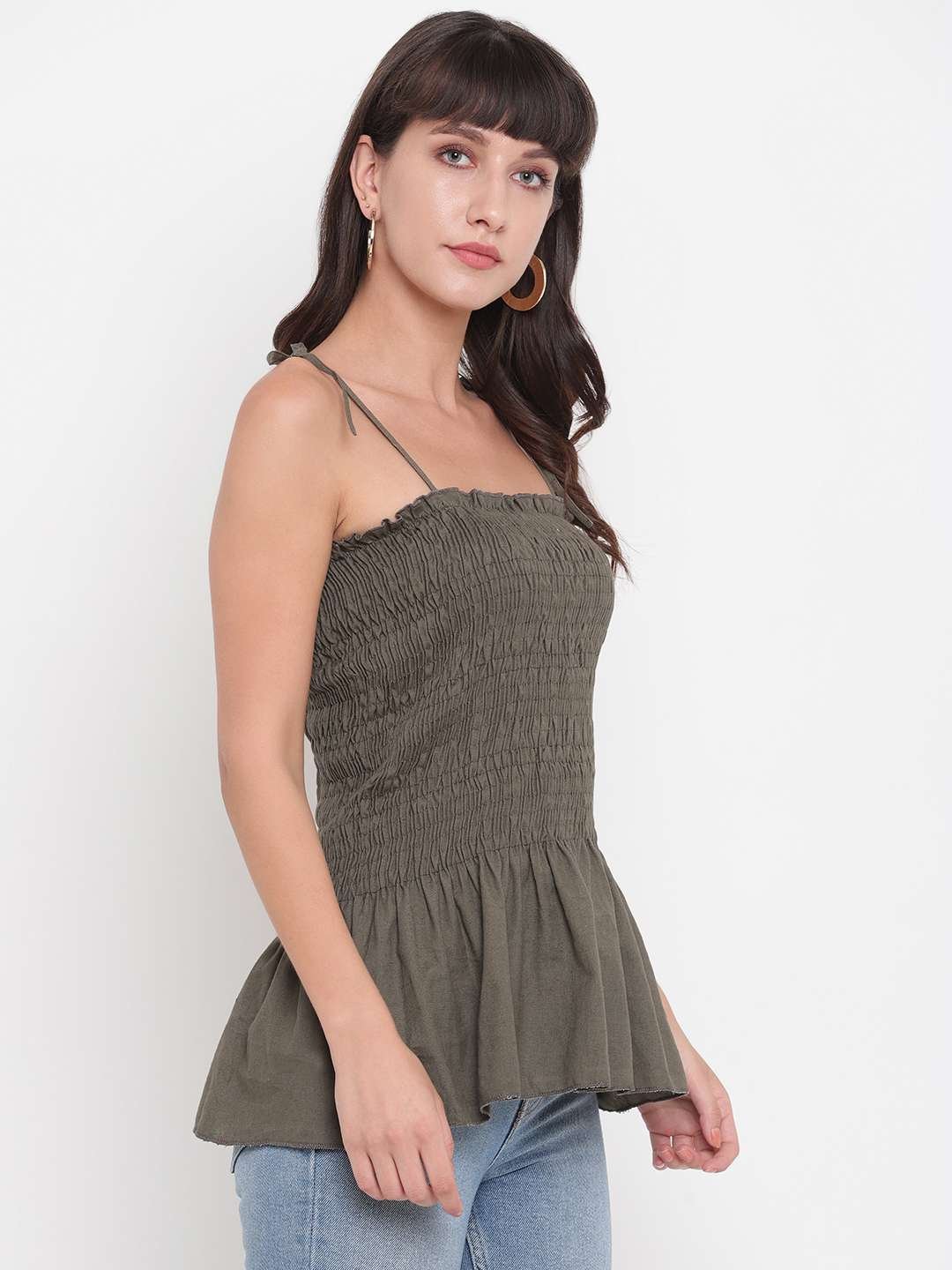 Women's Rayon Solid Casual Summer Style Tie Shoulder Straps Free Size Tank Top (Mahndi)