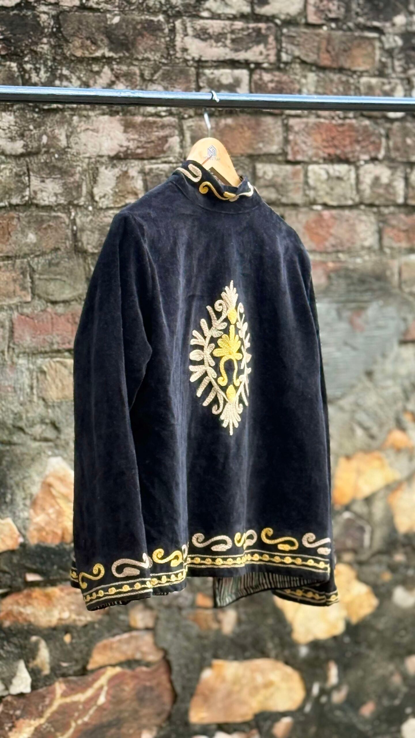 Womens Black Velvet Embroidered Jacket with Floral Design
