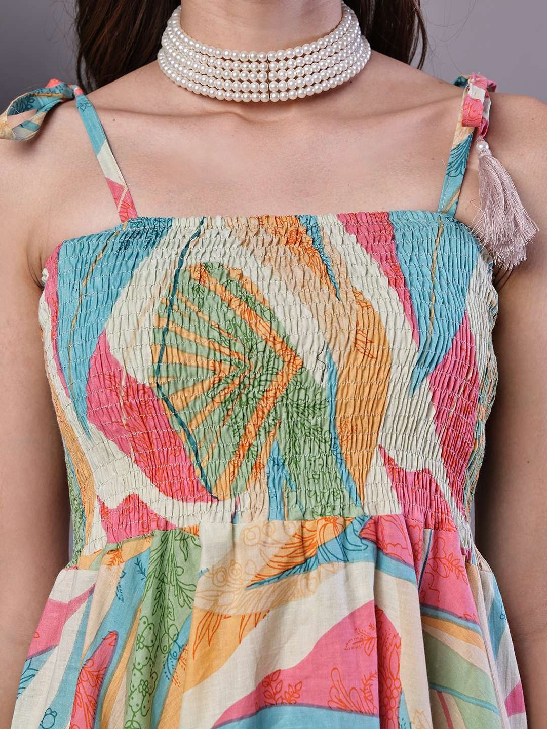 Women's Multicolor Printed Cotton Handkerchief Hem Dress Midi Dresses - Image 5