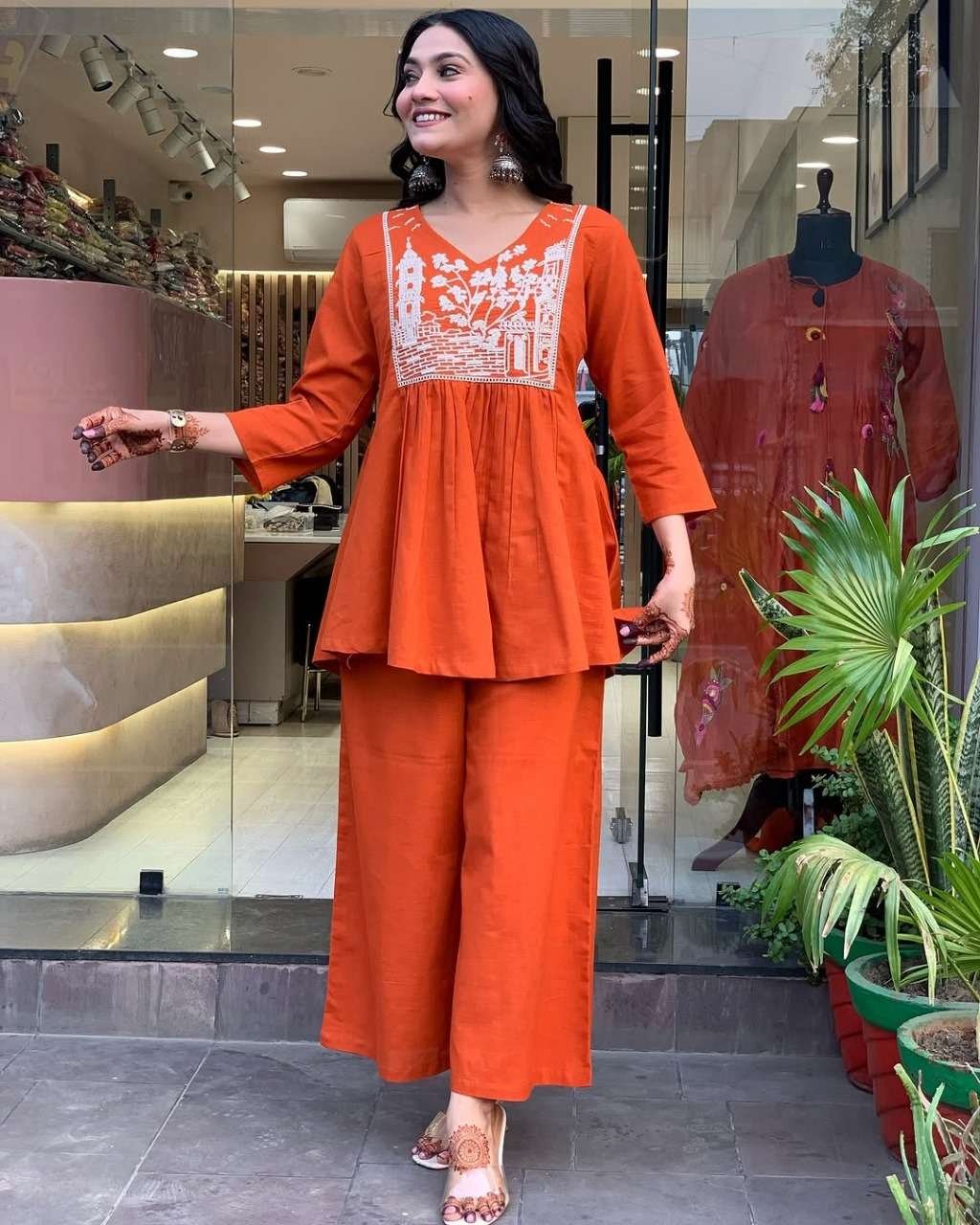 Women's Cotton Embroidered Flared Kurta With Pant Set - Image 2